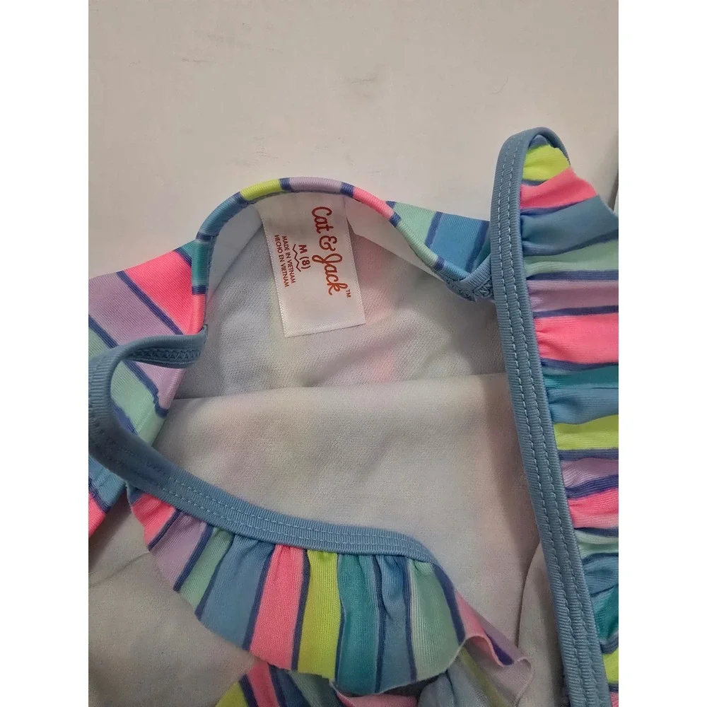 Cat & Jack Girls Tankini Swimsuit Set Striped Ruffle 2-Piece Blue Pink M 8 NWT